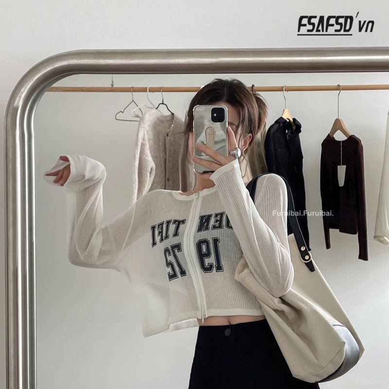 Áo Khoác Cardigan Dệt Kim Mỏng Tay Dài Dáng Rộng In Chữ Thời Trang Mùa Hè Cho Nữ