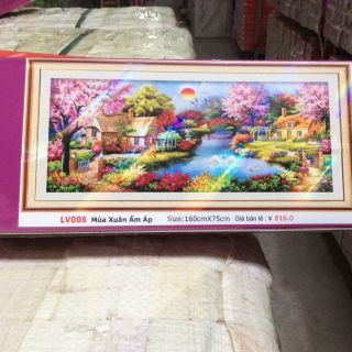 Tranh đính đá ngôi nhà mùa xuân ấm áp tuyệt đẹp kt160*75 cm hình thật