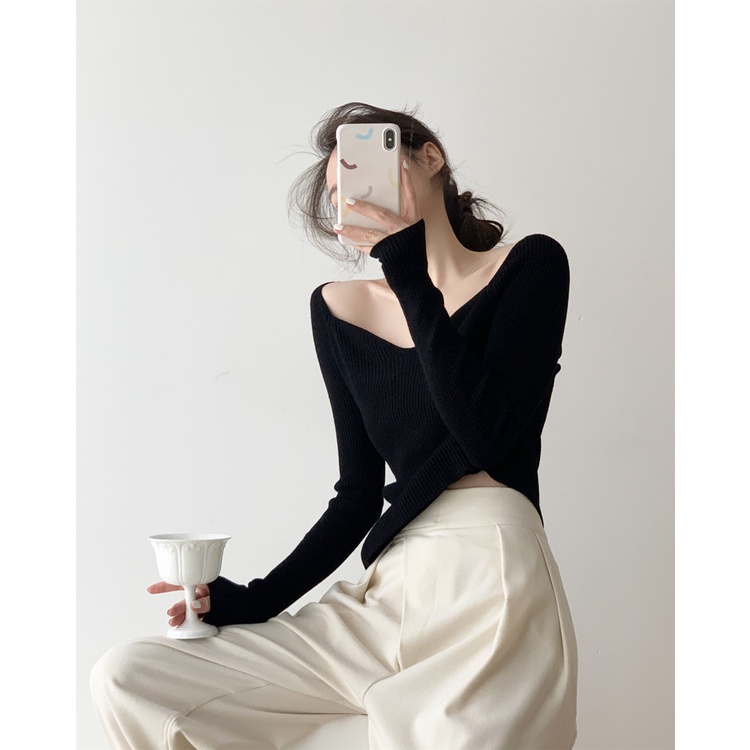 Áo kiểu ZHELIHANGFEI vải dệt kim tay dài hở vai thời trang quyến rũ cho nữ