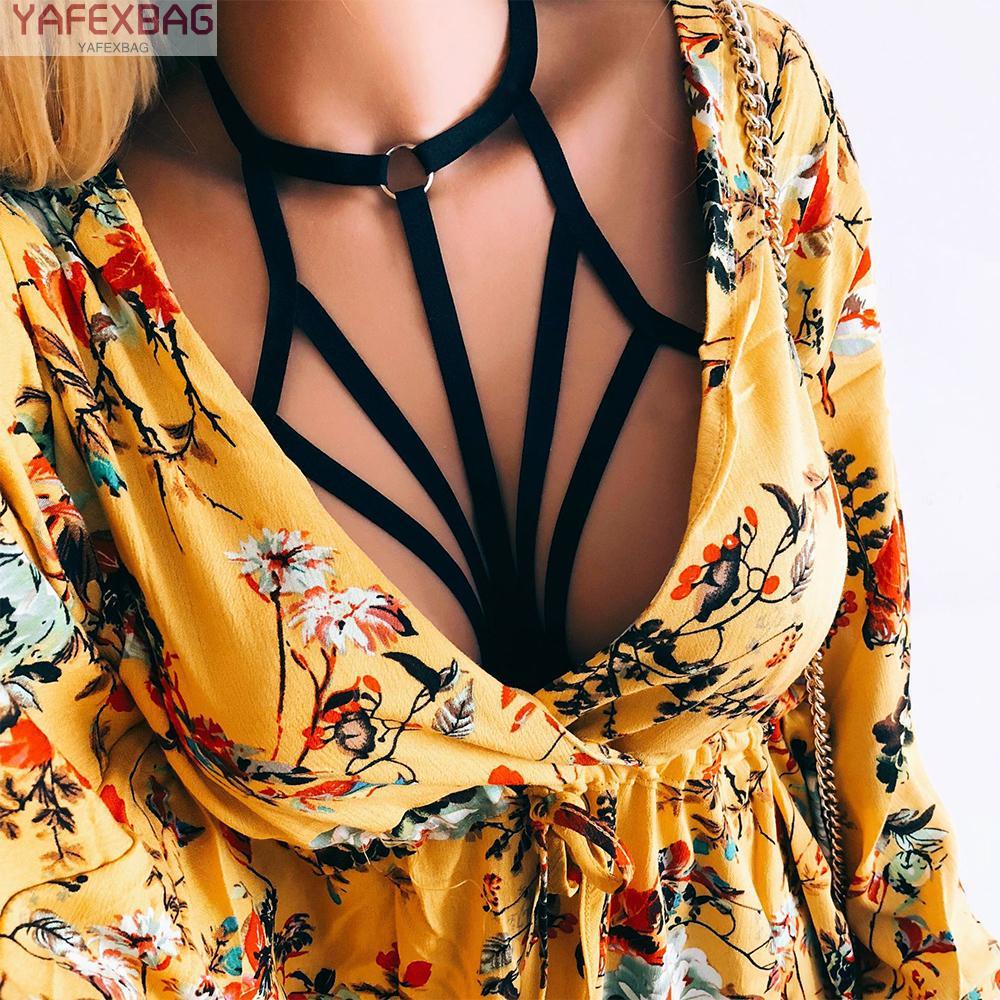 Women Goth Sexy Elastic Harness Bandage Bustier Hollow Cage Bra Tops Bralette