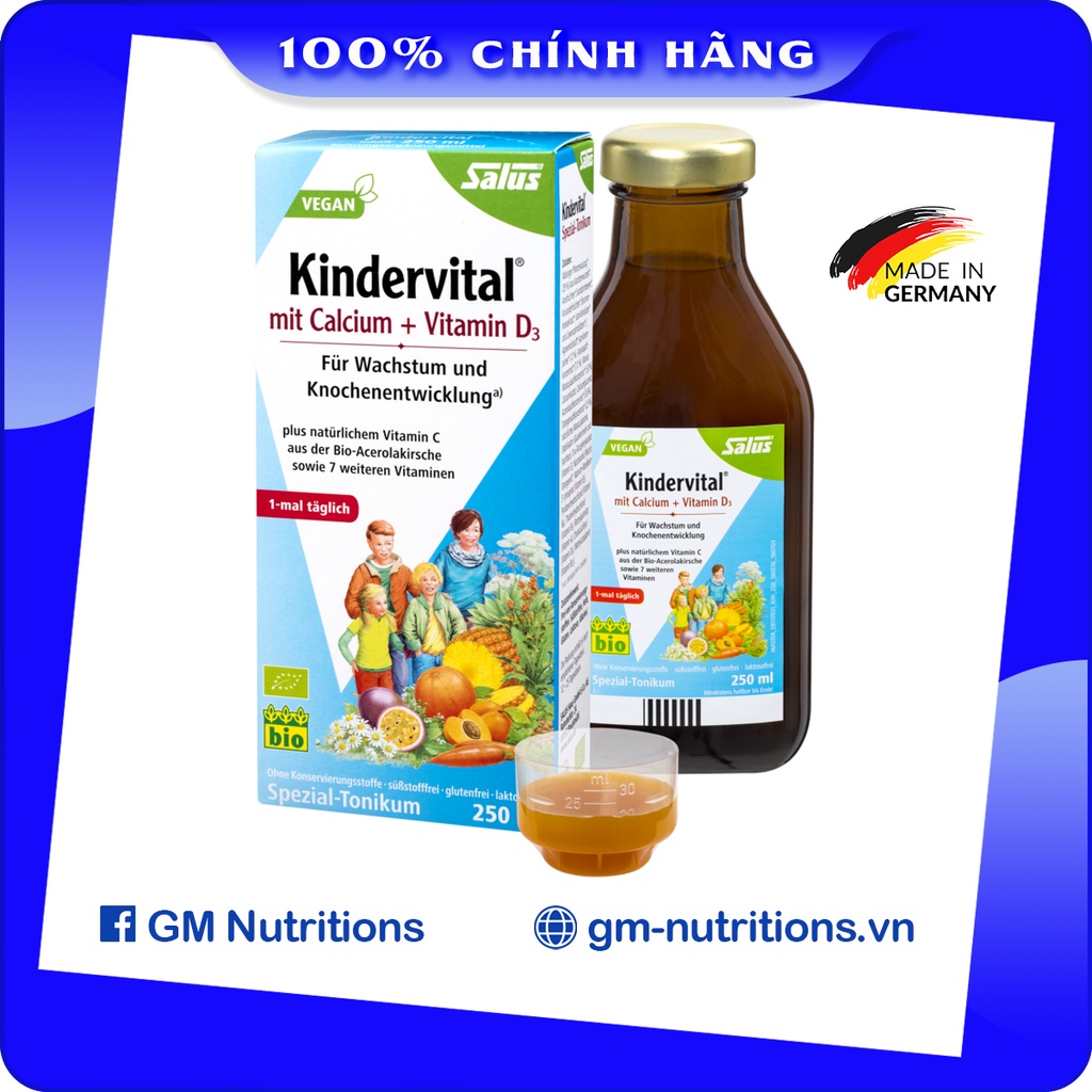 Siro bổ trẻ em Kindervital bổ sung Canxi và Vitamin D3 cho bé trên 3 tuổi chai 250 ml