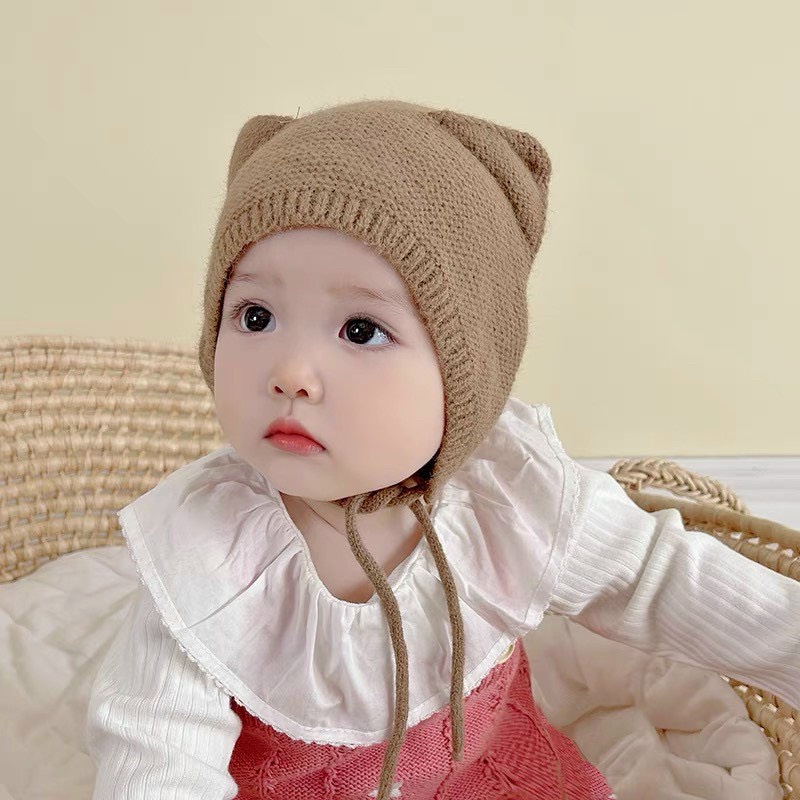 Mũ len trơn buộc dây tai tam giác - Nón len thu đông ấm áp cho bé, chất liệu len cao cấp dày dặn, mềm mịn, màu xinh yêu