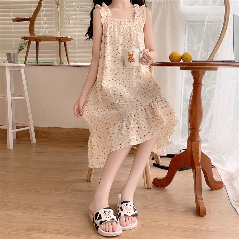 Jiashucheng Đầm Ngủ Hai Dây Mỏng Dáng Rộng Phong Cách Pháp Dễ Thương Ngọt Ngào Dành Cho Nữ Mặc Ở Nhà Mùa Hè