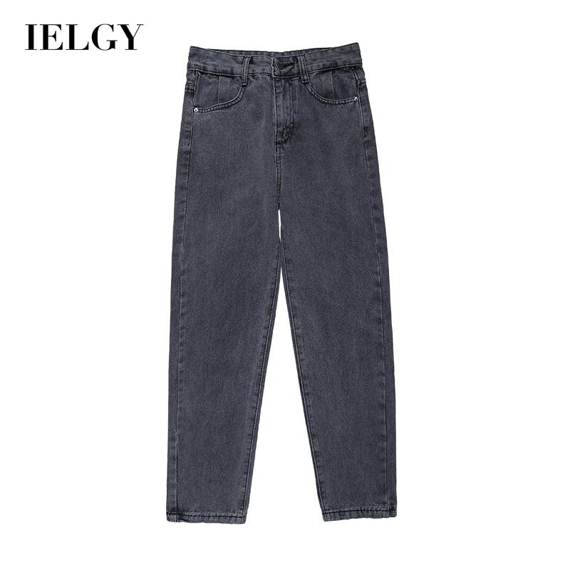 Quần jeans IELGY dáng thẳng mỏng ống rộng eo cao màu xanh dương phong cách retro cho nữ