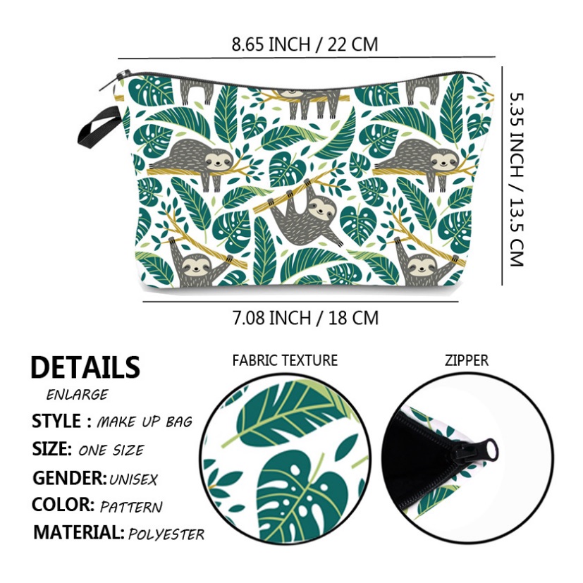 Multifunction Sloth Print Makeup Bag /Travel Cosmetic Pouch Bag /Sloth Waterproof Purse /Toiletry Brush Bag Leopard Makeup Clutch Organizer with Zipper