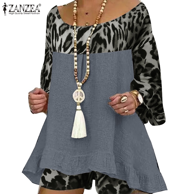 Bộ áo ZANZEA tay 3/4 in họa tiết da báo phối quần ngắn thời trang cho nữ