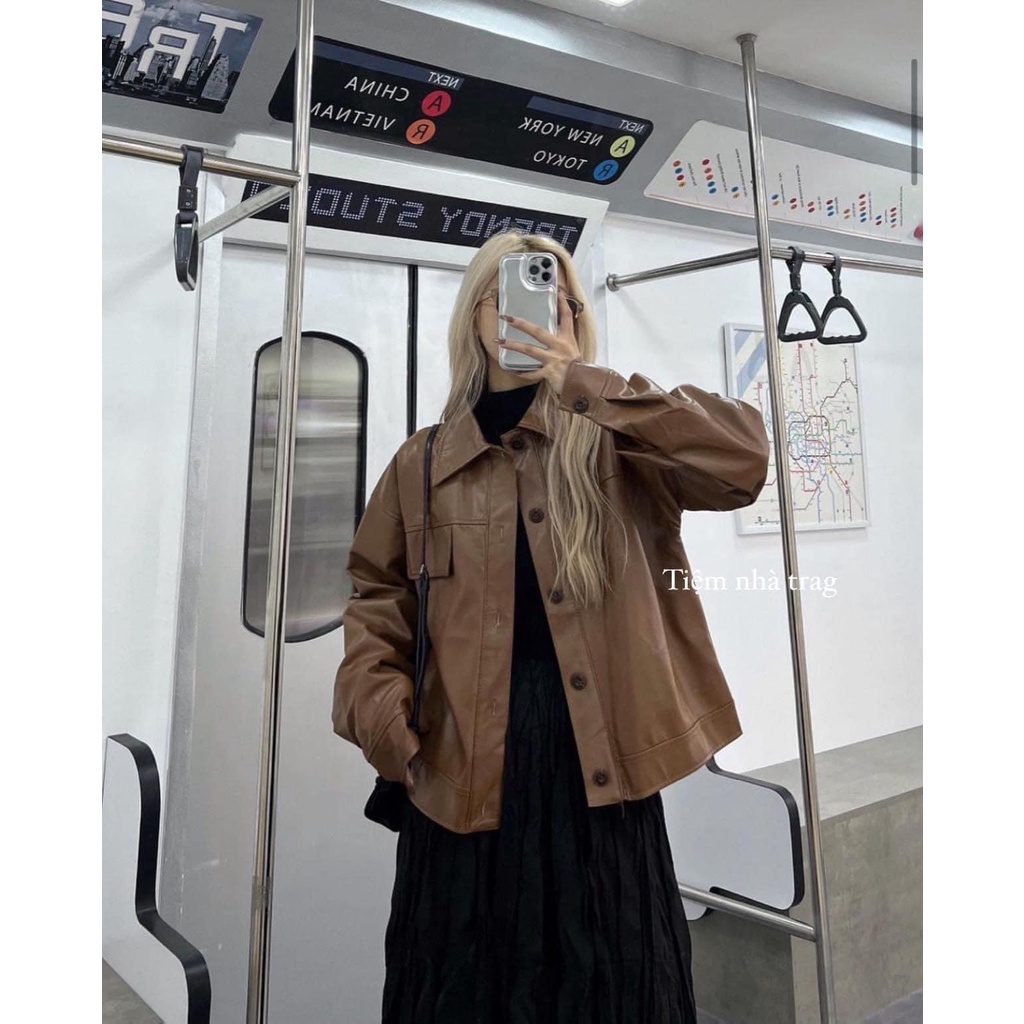 Áo khoác da nữ, áo da nữ dáng ngắn croptop phối túi hộp màu nâu phong cách hàn quốc