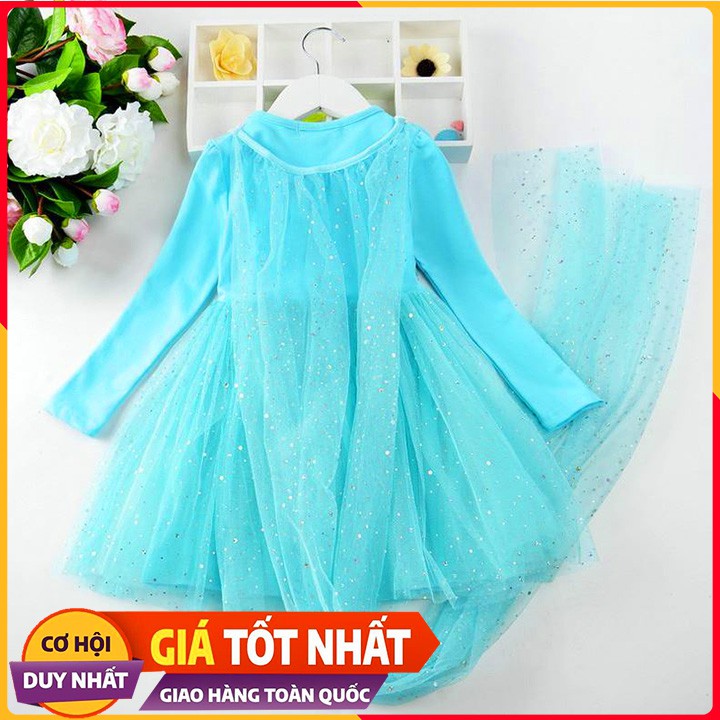 Váy Elsa Dài Tay Xanh Có Phụ Kiện. Váy Công Chúa Else FROZEN Bé Gái Xanh