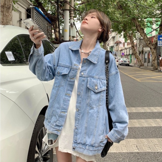 ZHELIHANGFEI Áo Khoác Denim Tay Dài Có Cổ Form Rộng Dễ Phối Đồ