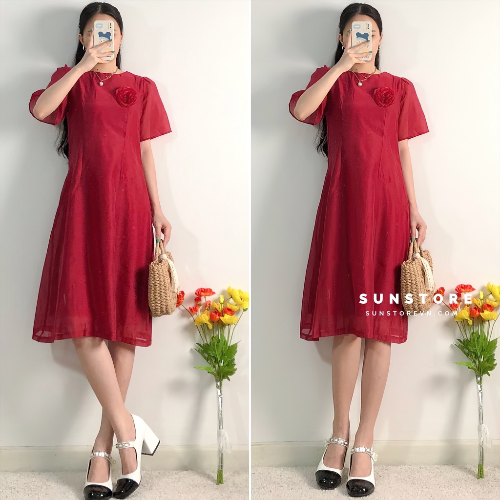 Đầm dự tiệc dáng ngắn mini váy xoè tay ngắn voan đỏ kèm bông tay lỡ