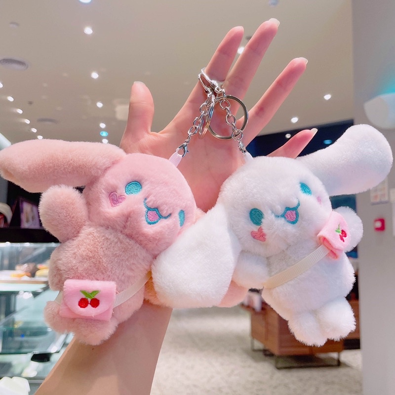 Móc khoá thỏ tai dài đeo túi cherry, phụ kiện trang trí túi, balo, chìa khoá