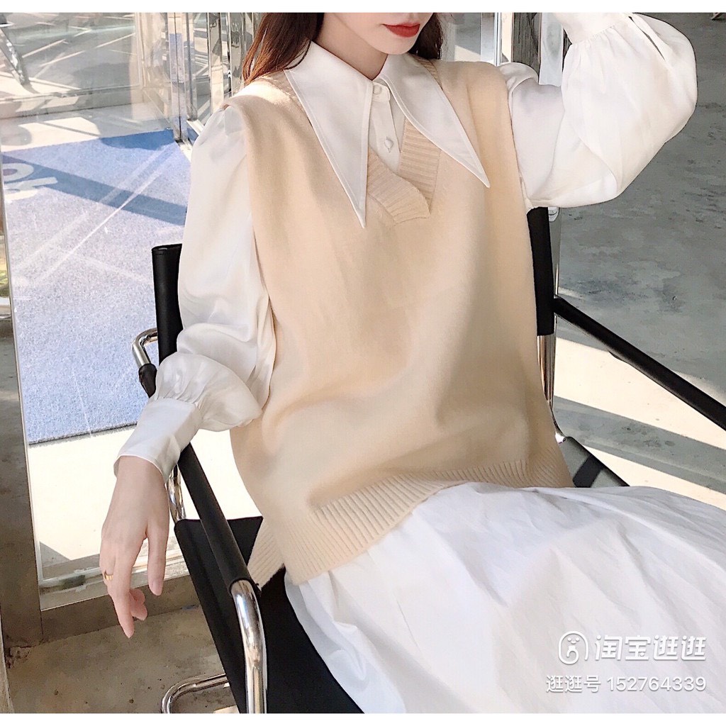 Áo len gile nữ trơn cổ tim xẻ tà basic Quảng Châu vintage mùa đông BZ098 | BigBuy360 - bigbuy360.vn