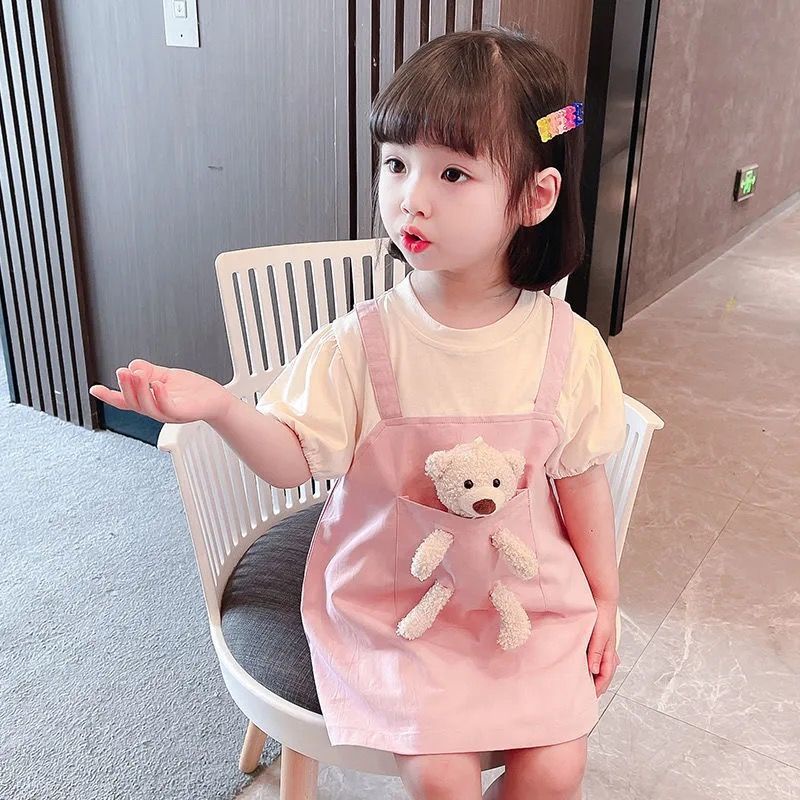 Bộ Áo Thun In Hình Gấu Kèm Váy Yếm Dễ Thương Thời Trang Mùa Hè Cho Bé Gái