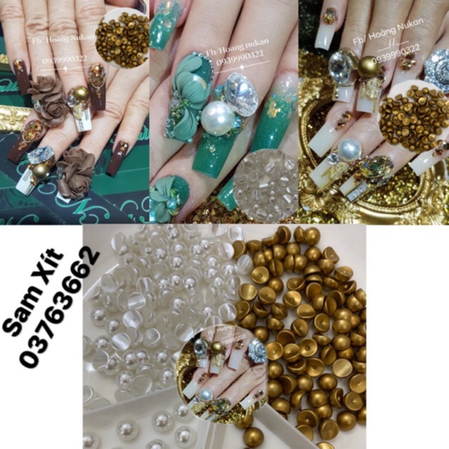 Hạt châu nửa đính móng nail 3màu (trắng, nâu,kem) size 6mm,8mm