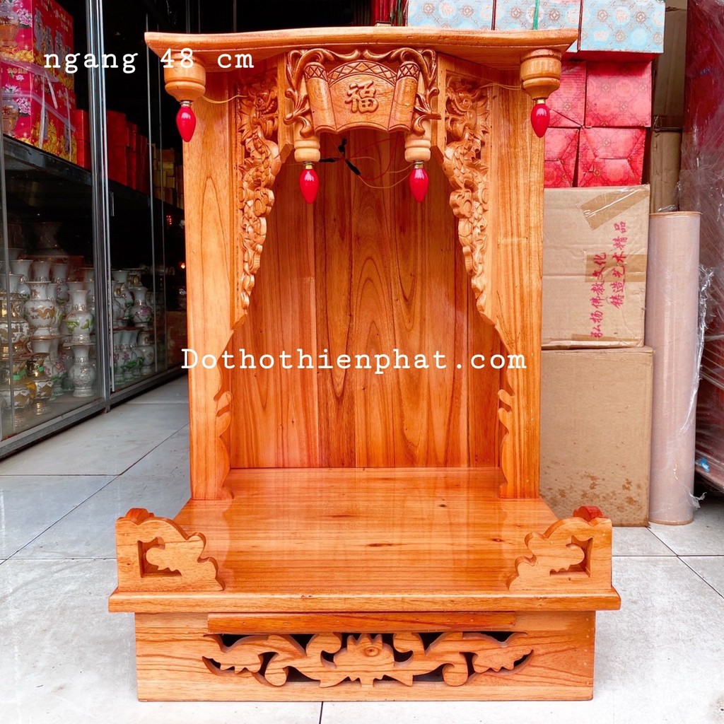 Bàn thờ thần tài ông địa gỗ xoan ngang 48 cm lọng