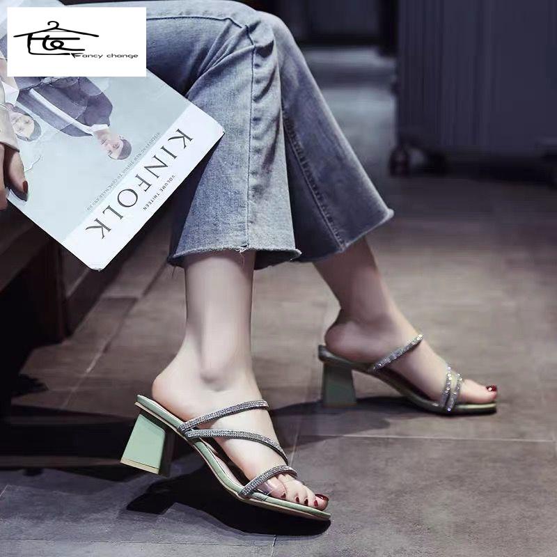 Dép Sandal Cao Gót Mũi Vuông Đính Đá Thời Trang Mùa Hè Cho Nữ