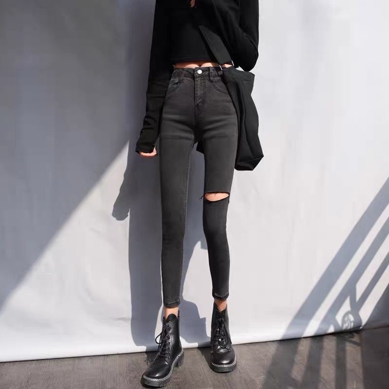 Quần Jean Skinny Ôm Đen Nữ Rách Gối TOPSHOP lưng cao co dãn