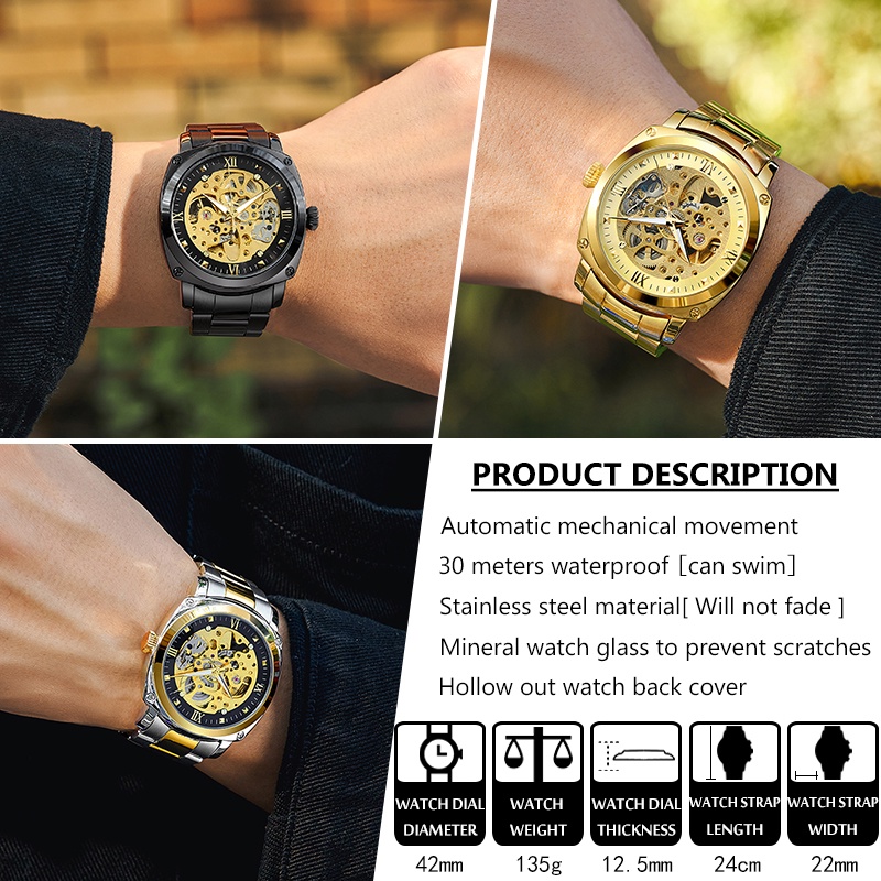 WISHDOIT đồng hồ cơ automatic màu vàng kim dây đeo thép không gỉ phong cách doanh nhân chống nước cho nam | BigBuy360 - bigbuy360.vn