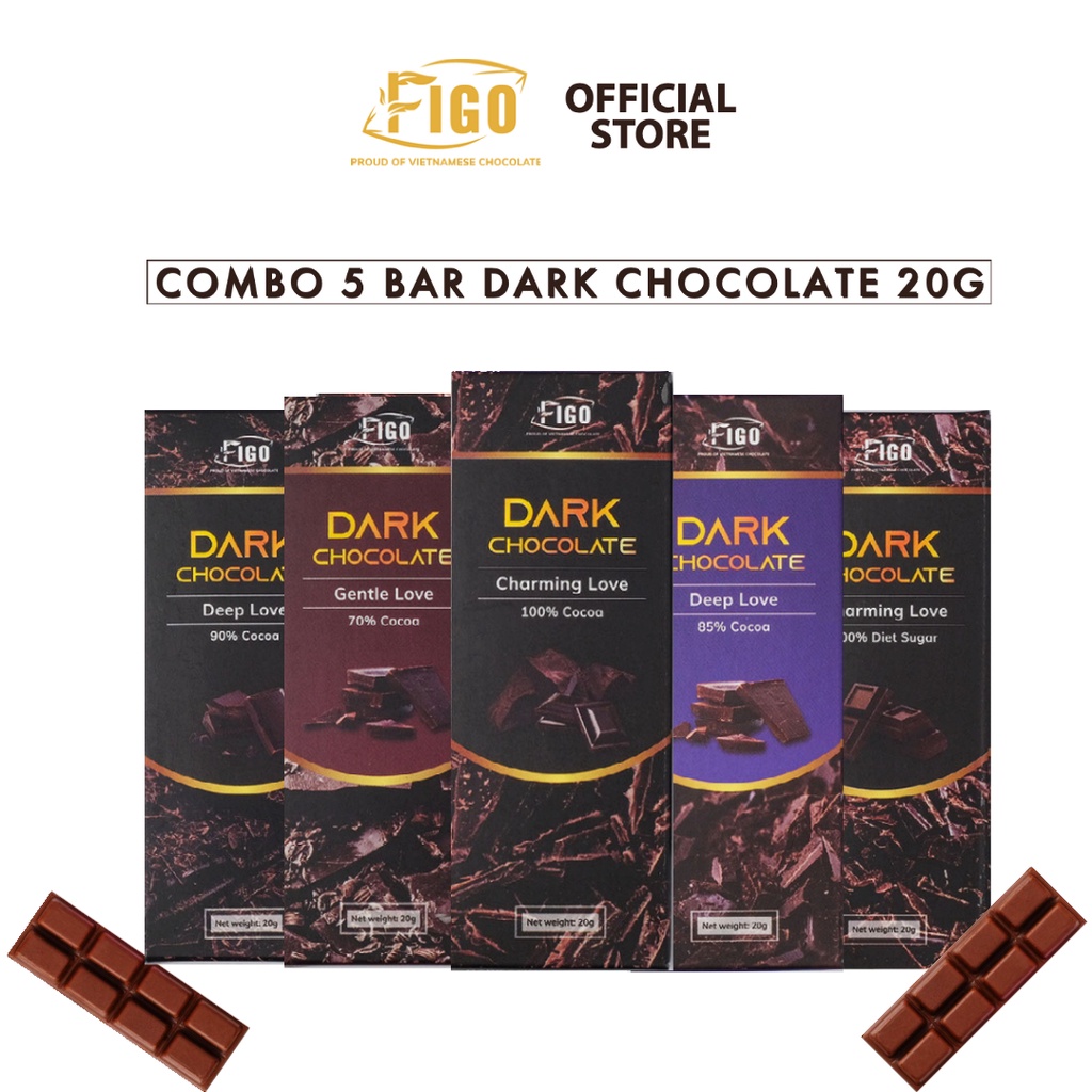 [COMBO 5 HỘP 20G DARK CHOCOLATE] Kẹo socola đen 100%, 100% diet, 90%, 85%, 70% 20g FIGO, giảm cân ngừa sức khoẻ