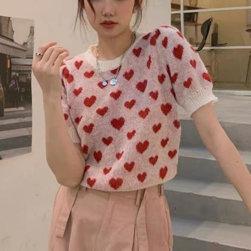 Áo Thun Dệt Kim Tay Ngắn In Hình Trái Tim Dễ Thương Thời Trang Cho Nữ