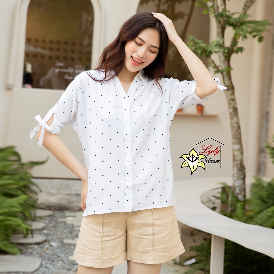 Áo sơ mi nữ chấm bi công sở đẹp form rộng giấu bụng dễ thương size s đến 5xl