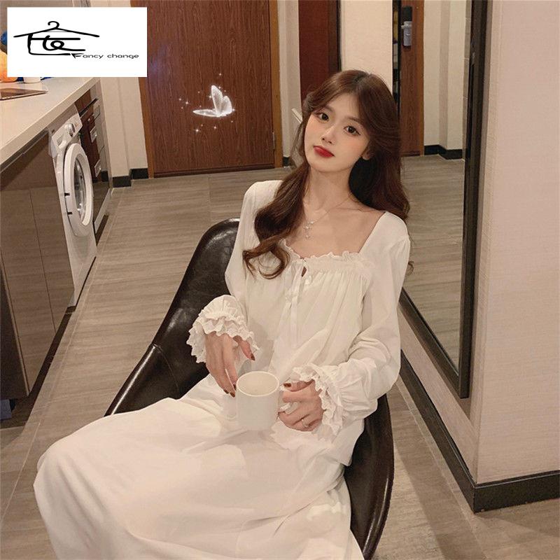 Đầm Ngủ Tay Dài Phối Ren Dễ Thương Phong Cách Hàn Quốc Cho Nữ