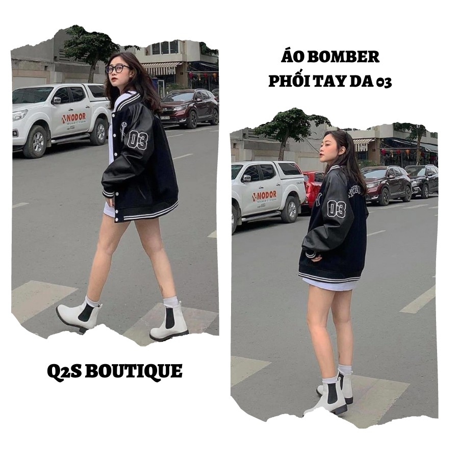 ÁO BOMBER NỮ KAKI PHỐI TAY DA NY CỰC CHẤT - KHOÁC BOMBER NỈ PHỐI DA NY