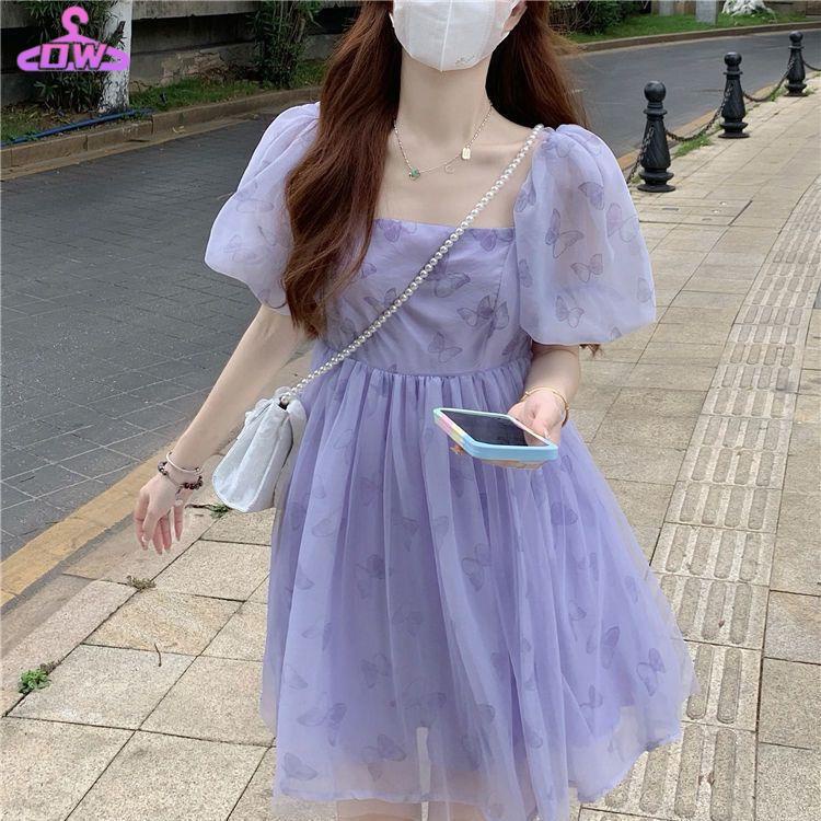 Váy babydoll Đầm Tay Phồng Cổ Vuông Eo Cao Thời Trang Mùa Hè Phong Cách Mới Ngọt Ngào Cho Nữ