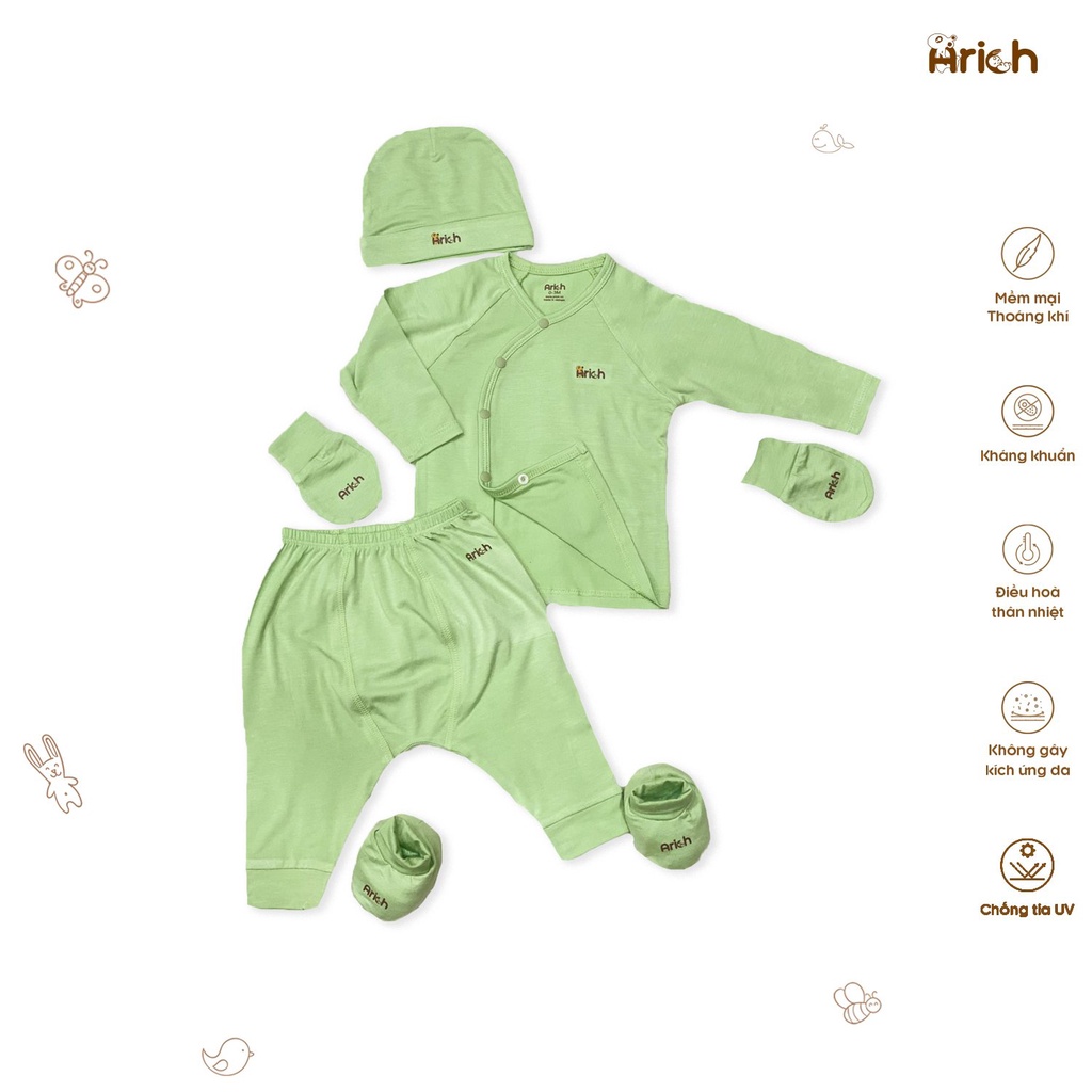 Set gồm quần áo cài lệch Arich - mũ Arich - bao tay bao chân Arich size newborn