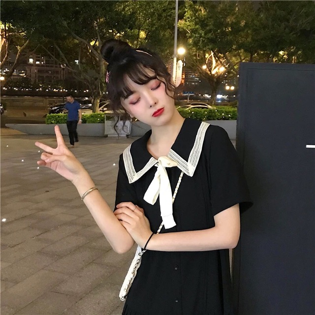 Bigsize M-4XL Đầm cổ viền ren phối nơ, chân xếp li siêu xinh 2019 ullzang