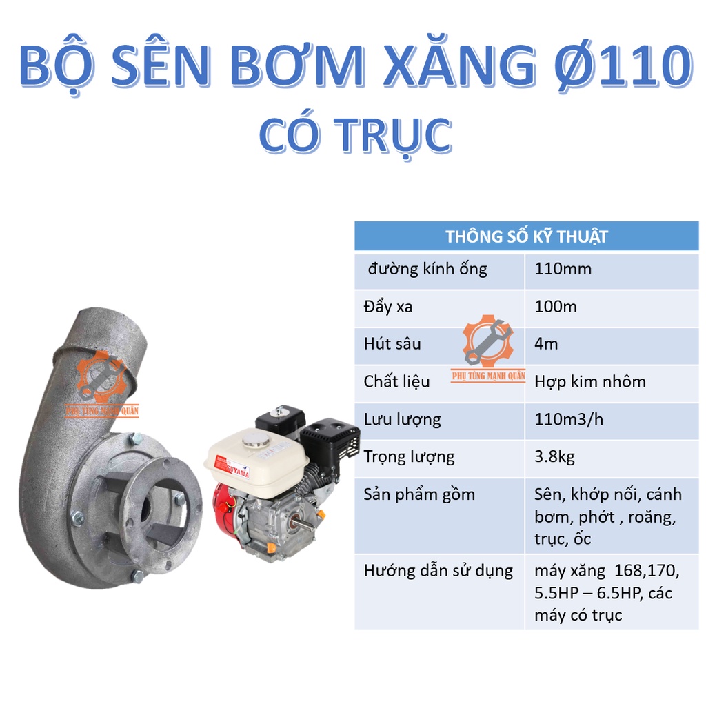 Bộ sên bơm đường kính ống 110mm lắp máy xăng 168-170- 5,5hp -6,5hp - các loại máy xăng cốt 19,20 loại có trục