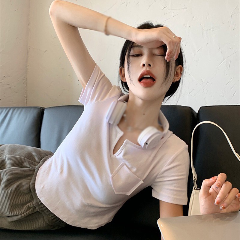 Áo Thun Tay Ngắn Cổ Chữ V Màu Sắc Đơn Giản Cho Nữ