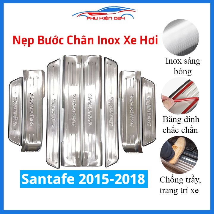 Bộ ốp bậc cửa trong ngoài nẹp bước chân Santafe 2015-2016-2017-2018 Inox chống trầy trang trí xe