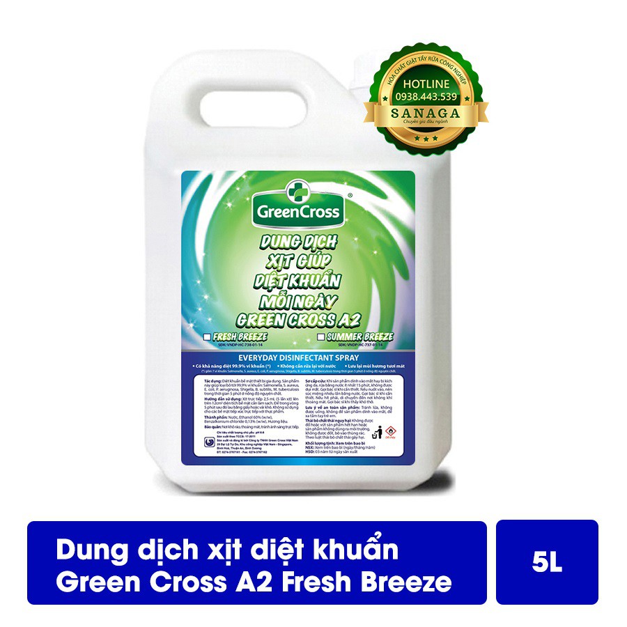 Xịt Diệt Khuẩn 💕 HÀNG CHÍNH HÃNG 💕 Dung dịch xịt diệt khuẩn GREEN CROSS A2 can 5L - Hương Fresh | Sanaga