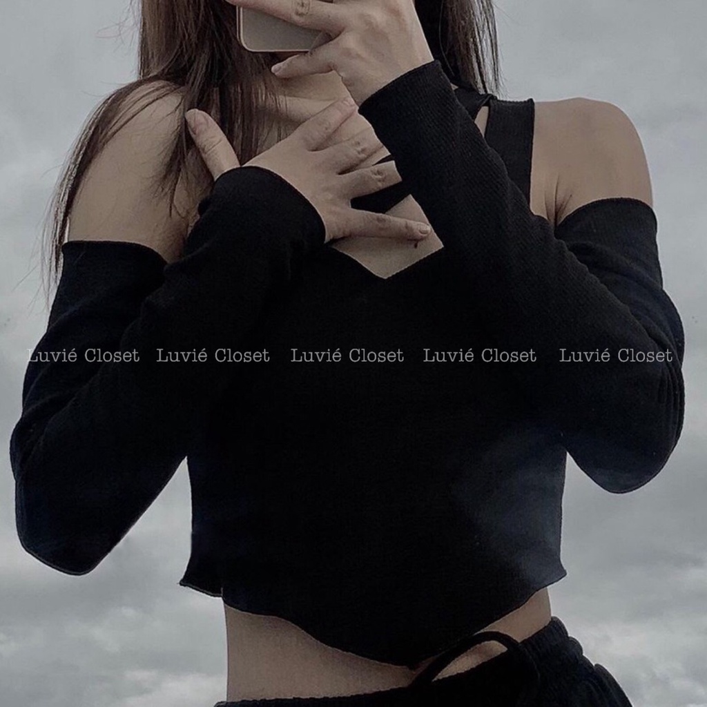 Áo Croptop Ôm Trễ Vai Dây Chéo Cổ Tà Vạt Nhọn Tay Dài Cá Tính, Áo Kiểu Hở Vai Bẹt Vai Rớt Vai Nữ