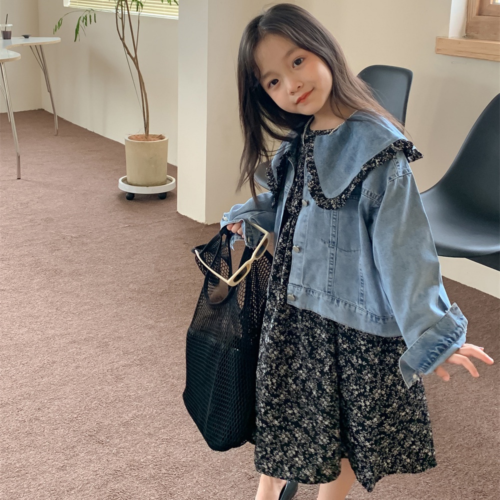Bộ Áo Khoác Denim + Đầm Hoa Dễ Thương Phong Cách Hàn Quốc Thời Trang Mùa Thu Cho Bé Gái