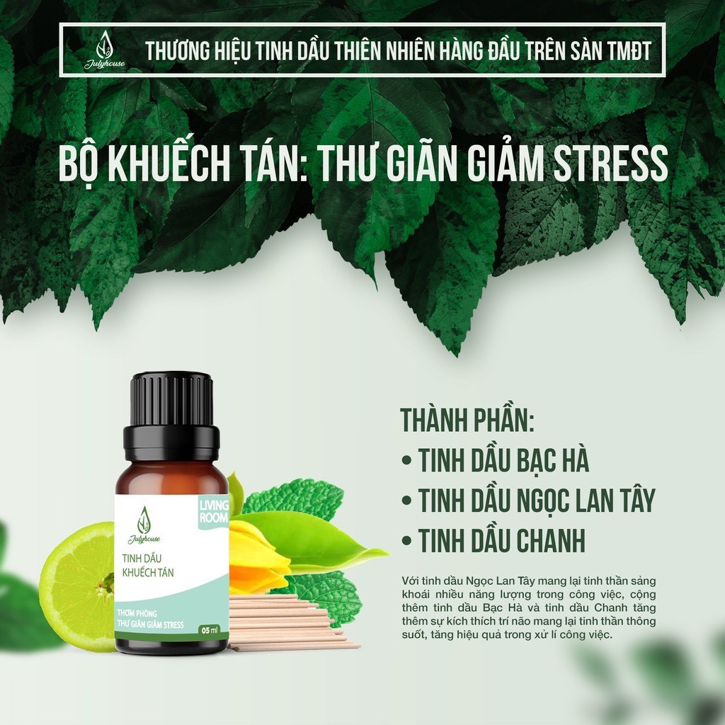 Tinh dầu thiên nhiên khuếch tán từ vỏ bưởi, bạc hà, cam ngọt Julyhouse 5ml cho phòng khách giúp thư giãn và giảm stress