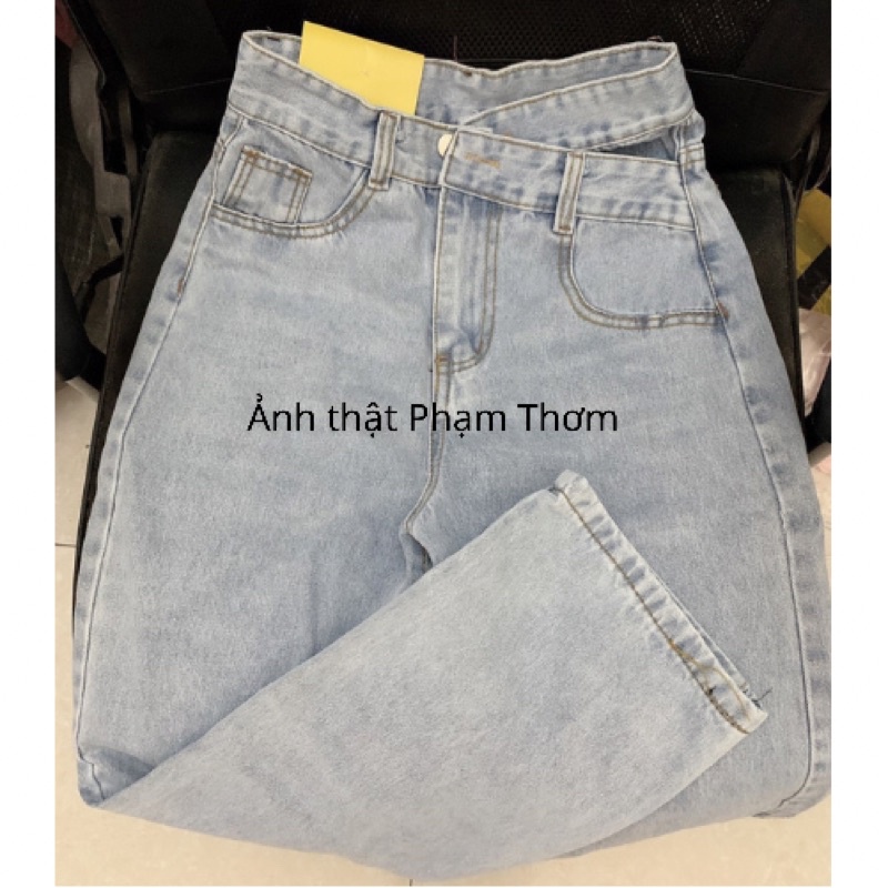 quần jeans ống xuông rộng cạp chéo