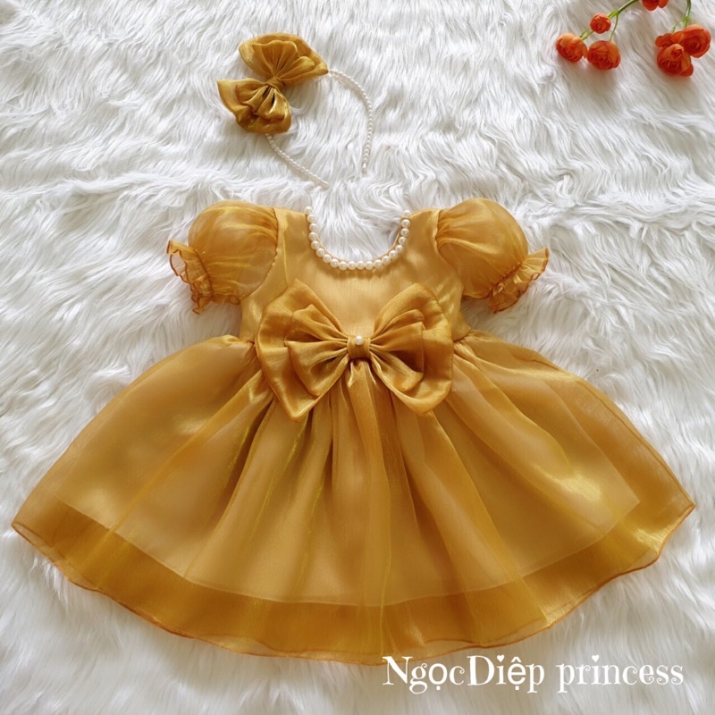Đầm công chúa bé gái,váy công chúa tơ vàng cực xinh xắn cho bé yêu tặng kèm bờm tóc xinh xắnD030