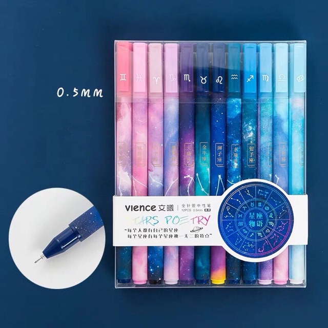 Set 12 bút viết bi nước 12 cung hoàng đạo kèm 20 ruột bút mực đen bút học sinh viên văn phòng dễ thương mực đều nét đẹp