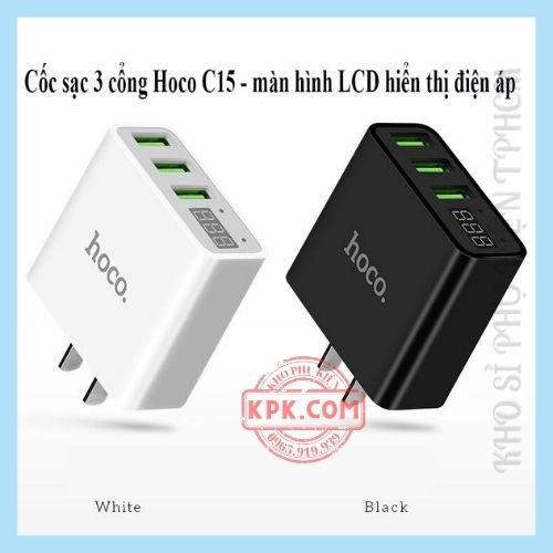 Củ sạc nhanh | cốc sạc 3 cổng chính hãng Hoco C15 cóc sạc nhanh iPhone iPad Android màn hình led báo dòng sạc nhanh 3.0A