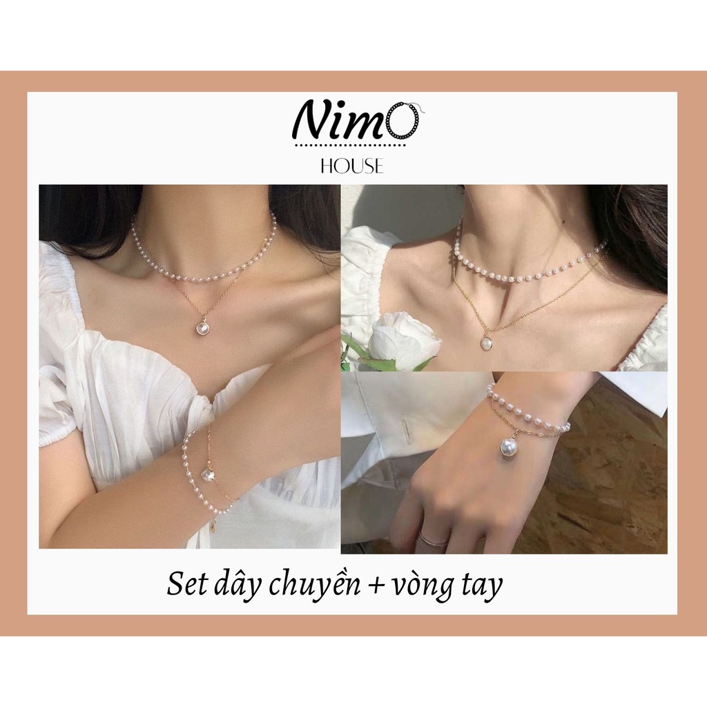 Set Dây Chuyền và Vòng Tay ngọc trai 2 lớp cổ điển thời trang Hàn Quốc