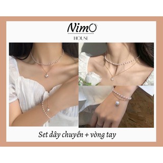 Set Dây Chuyền và Vòng Tay ngọc trai 2 lớp cổ điển thời trang Hàn Quốc