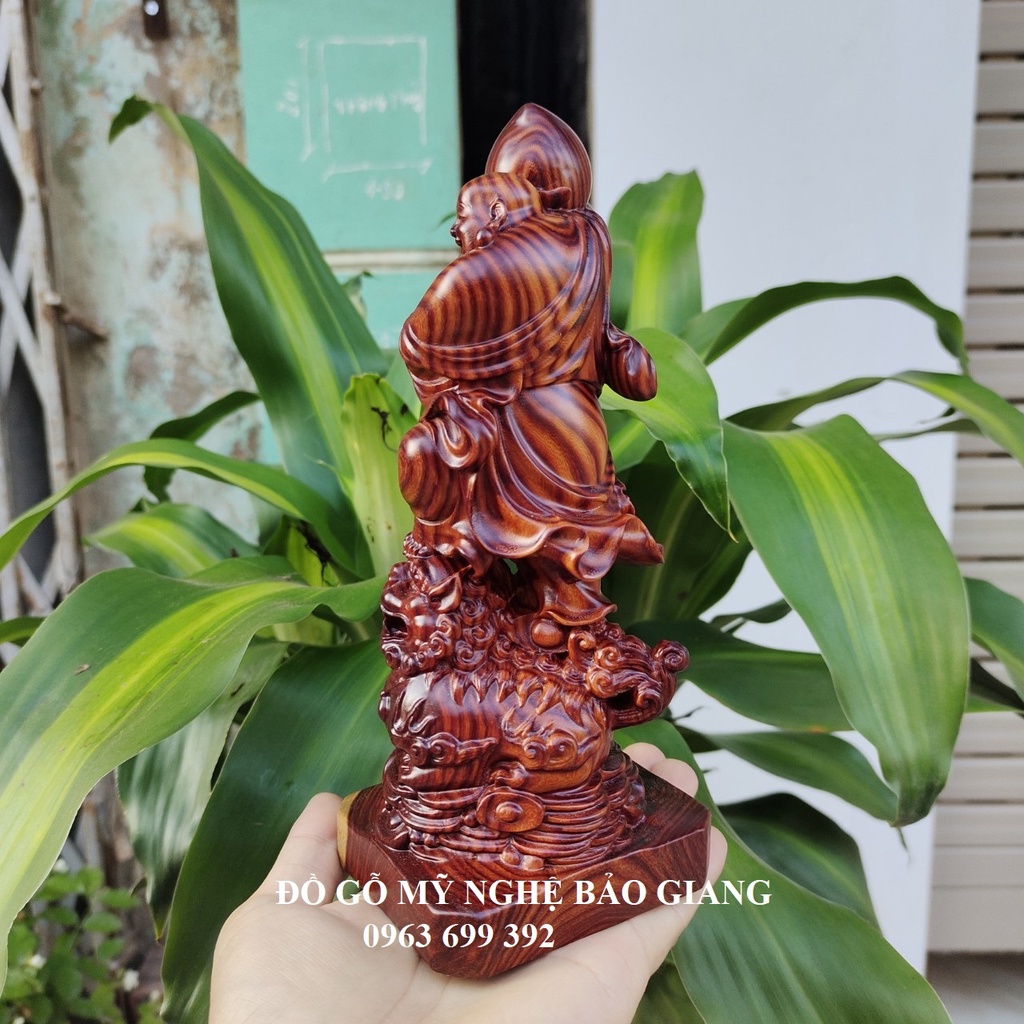Tượng phật di lặc cưỡi nghê gỗ trắc dây cao 20 cm