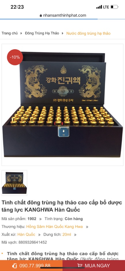 Tinh Chất Đông Trùng Hạ Thảo Kanghwa, hộp gỗ 60 ống x 20ml