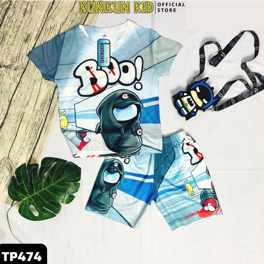 Quần áo bé trai thun lạnh ngắn thoáng mát in hoạt hình Among Us size đại từ 10-40kg Kunkun Kid TP474