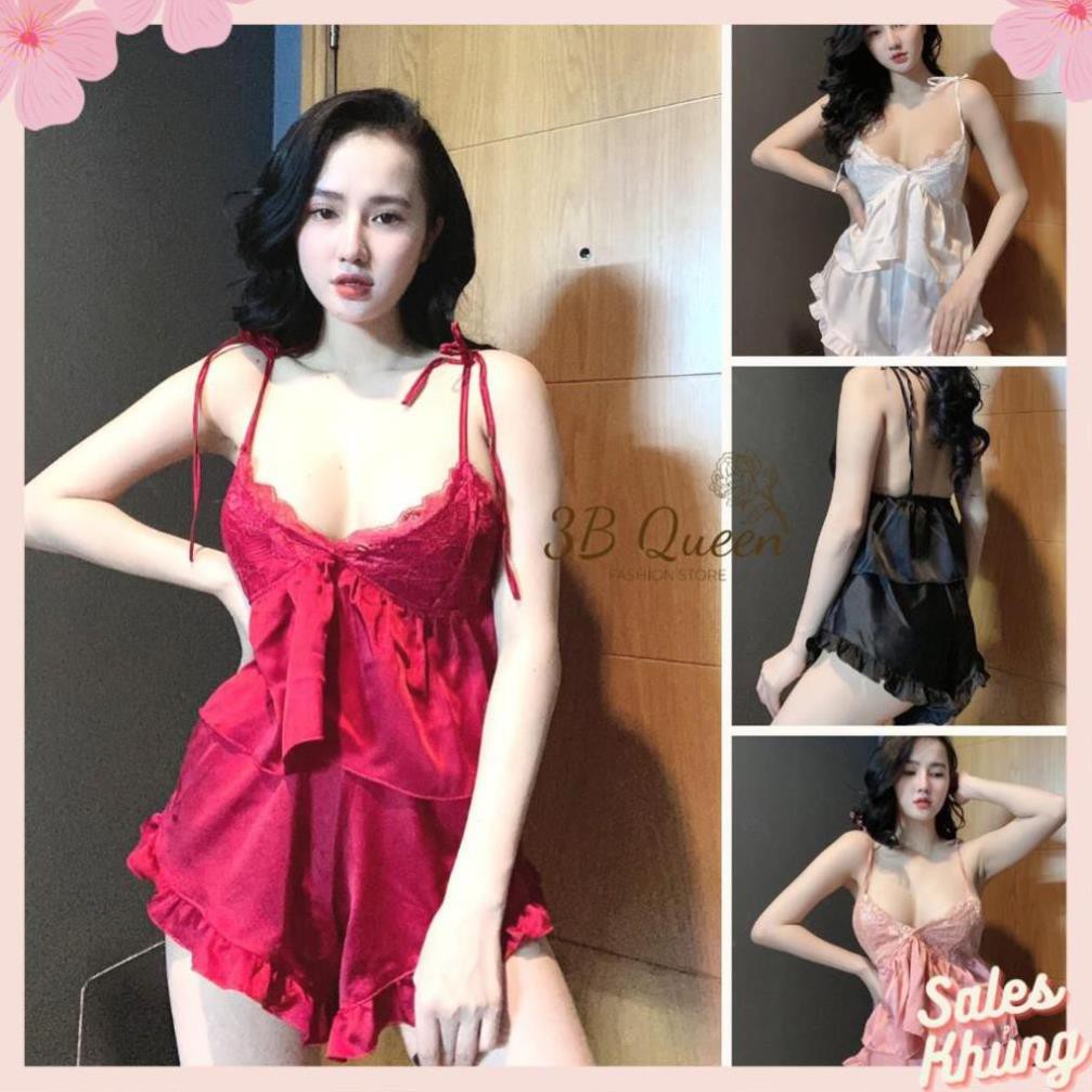 Đồ ngủ 2 dây🌺FreeShip🌺 Set bộ đồ ngủ sexy cột dây vai có phối ren chất liệu SATIN cao cấp, đồ nữ freesize dưới 65kg