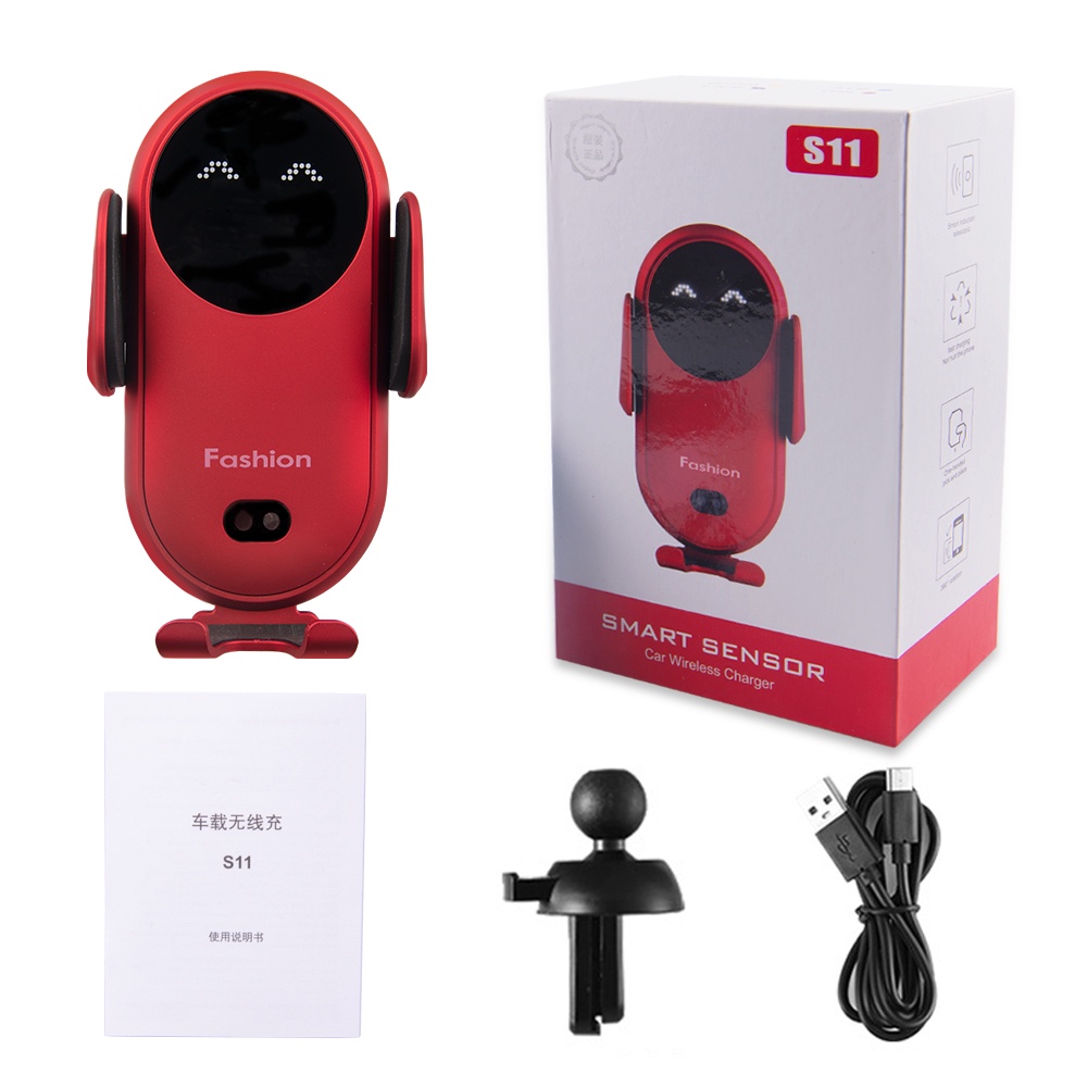 Giá Đỡ Điện Thoại Sạc Không Dây Ô Tô S11 Cảm Biến Tự Đóng Mở Giá đỡ kẹp điện thoại sạc nhanh Qi không dây 15W cho xe hơ