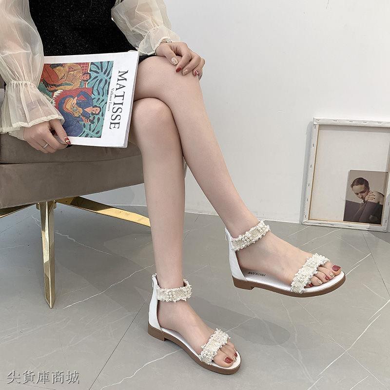 Giày Sandal Đế Bằng Phối Khóa Kéo Sau Lưng Size 35-40 Cho Nữ Sinh