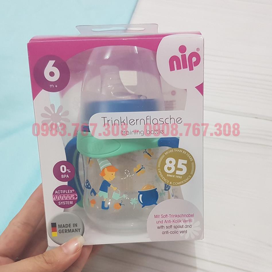 Bình Tập Uống Nip Cổ Rộng 150ml, Có Tay Cầm Và Đầu Hút Silicone Siêu Mềm